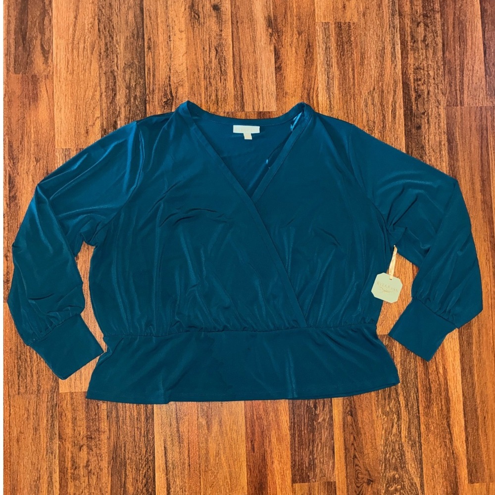 Ryegrass Celestial Teal Surplice Wrap Top Plus Size 3X Long Sleeve V-Neck New